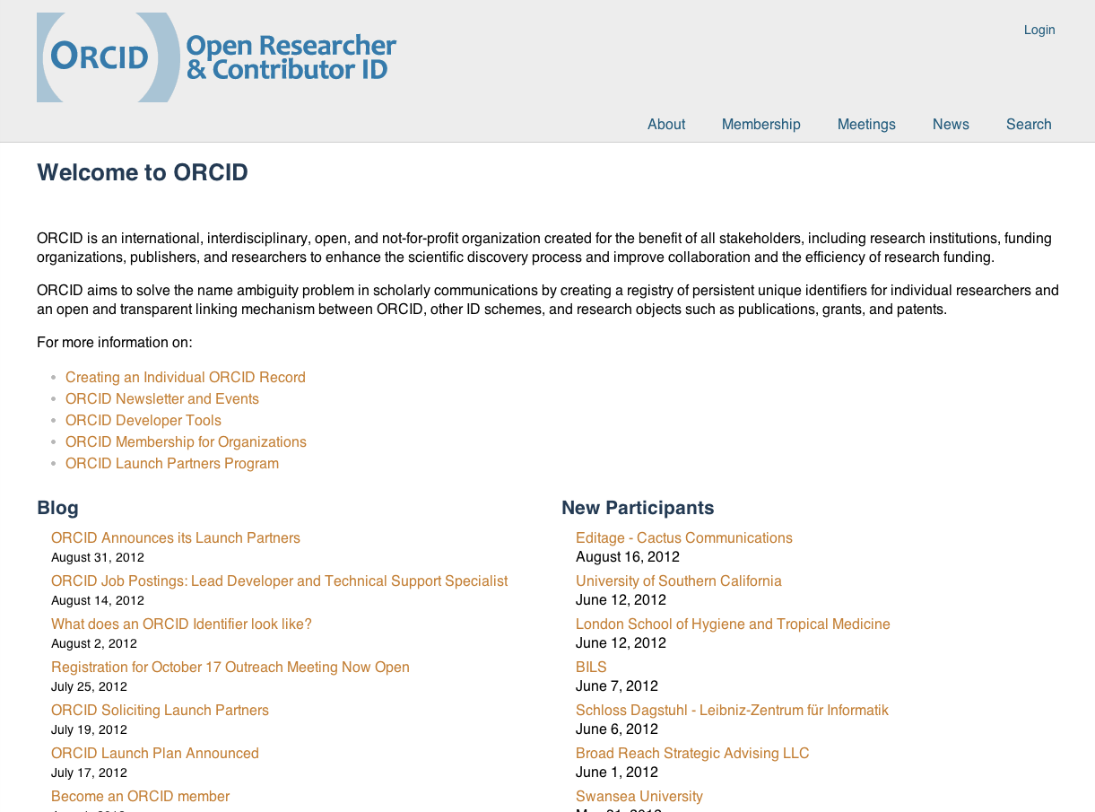 ORCID site - 2012 pré-lançamento do Registry