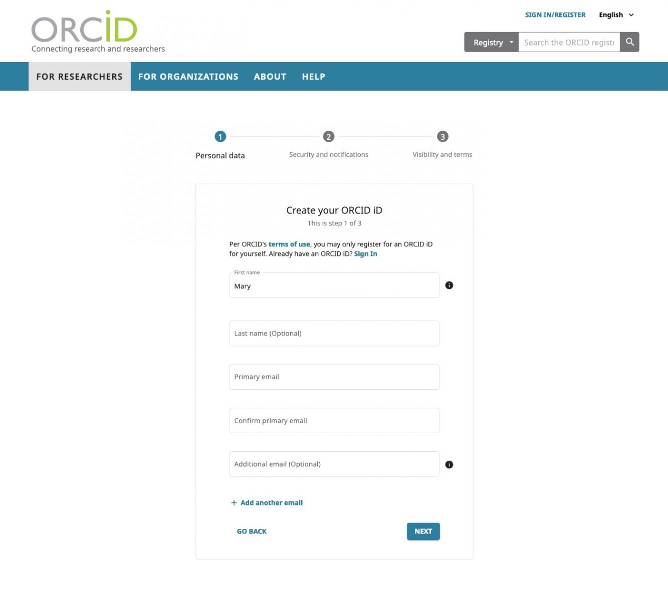 Step one of ORCID's Registration process