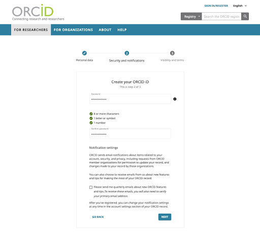 Step 2 of ORCID's Registration process