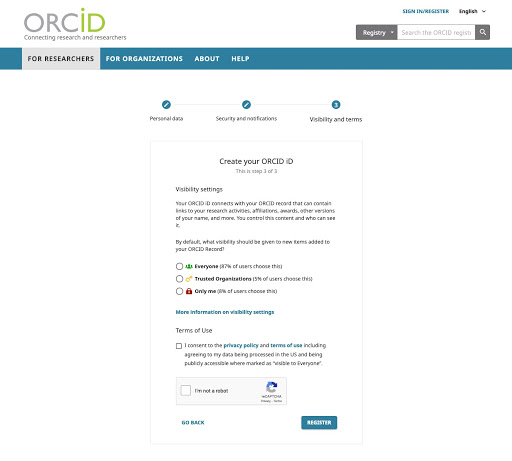Step 3 or ORCID's Registration process