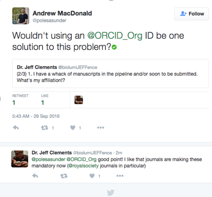 Tweet from Andrew MacDonald about using ORCID iDs to clarify affilliations