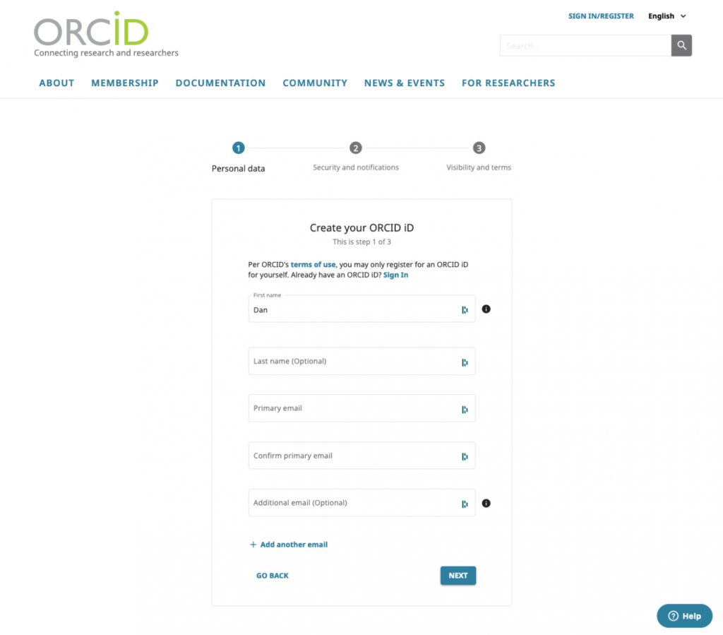 Nový ORCID Registrační uživatelské rozhraní