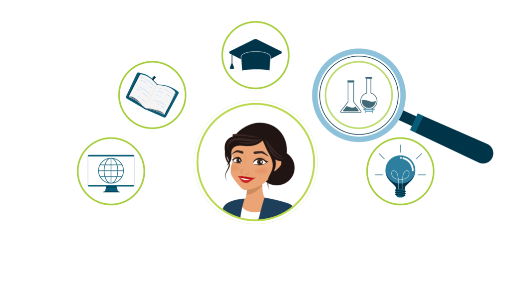 Female researcher graphic. Hovering over her head are four icons that represent different aspects of her work. There is a large magnifying glass looking at test tubes to represent her research. 