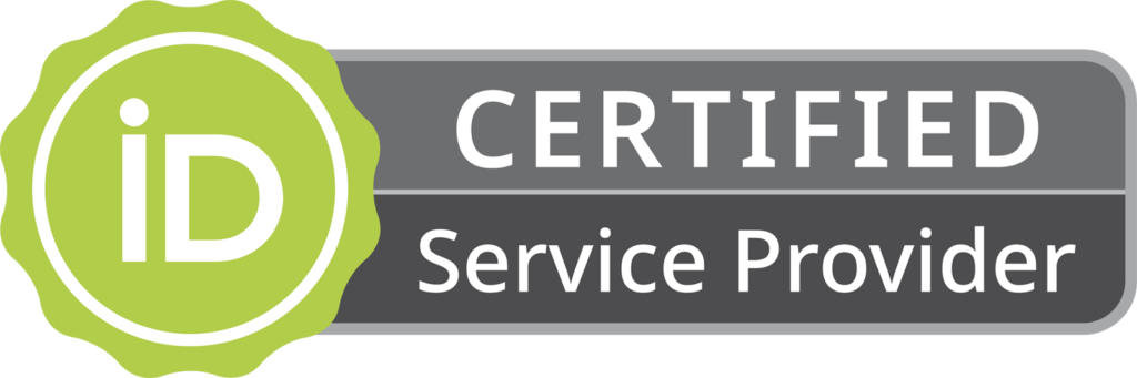 Um verde ORCID iD ícone com um detalhe de fita ao redor do círculo e uma caixa cinza à direita que diz Certified Service Provider. Este gráfico é usado para identificar apenas os provedores de serviço que são certificados pela ORCID.