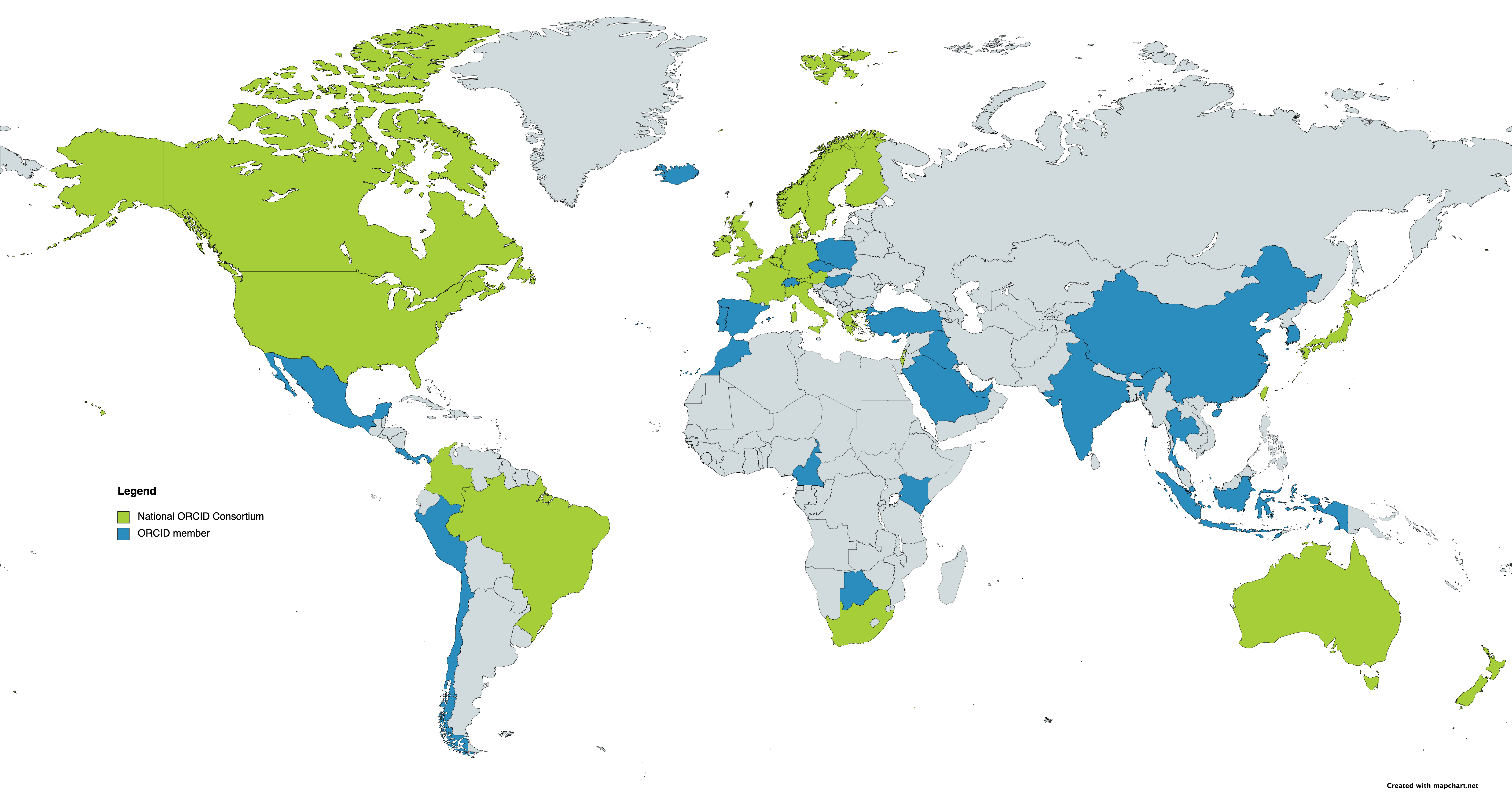 world map showing areas of ORCID membership. Green indicates Consortia and Blue indicates direct members.