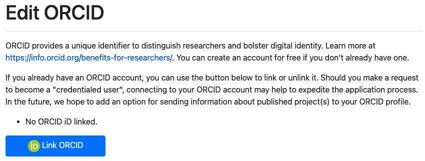 Captura de pantalla que muestra el enlace de marca ORCID botón en el que los solicitantes pueden hacer clic para vincular su ORCID iDs a sus aplicaciones.