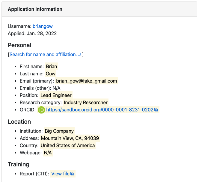 Screenshot of the information collected for the application. Sections include Personal information, Location, Training, Reference, and Research