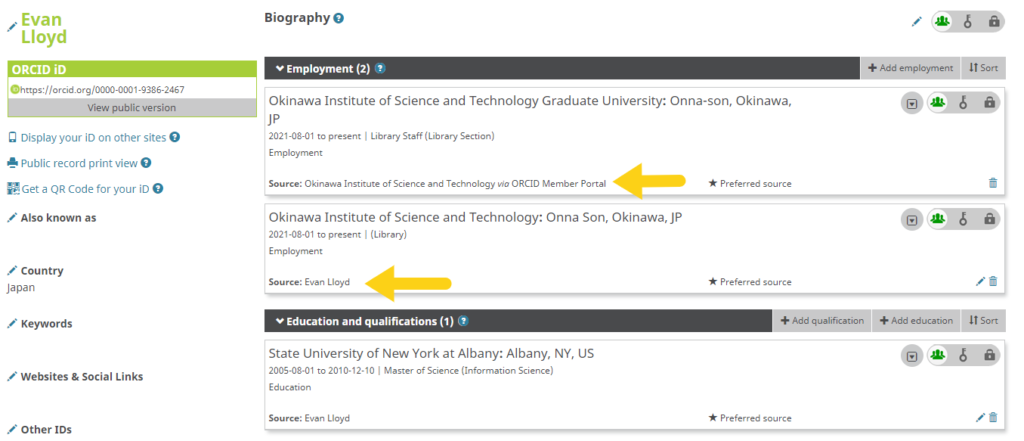 Screenshot of ORCID user's profile with arrows pointing to different sources of information under the employment section. In one case the source of information is the employer, and in another the source is the user.