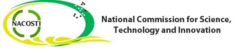 Logo NACOSTI: oval verde e amarelo com floreios e texto que diz: Comissão Nacional de Ciência, Tecnologia e Inovação