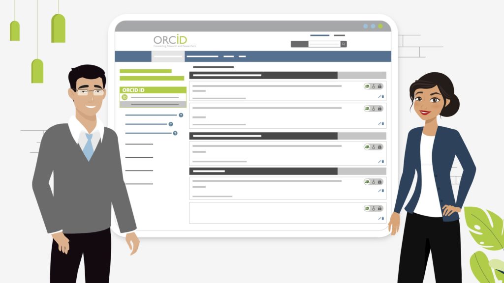 Ilustrace v ORCID branding s výzkumníkem vlevo a výzkumnicí vpravo. Mezi nimi je nadrozměrné zobrazení an ORCID záznam.