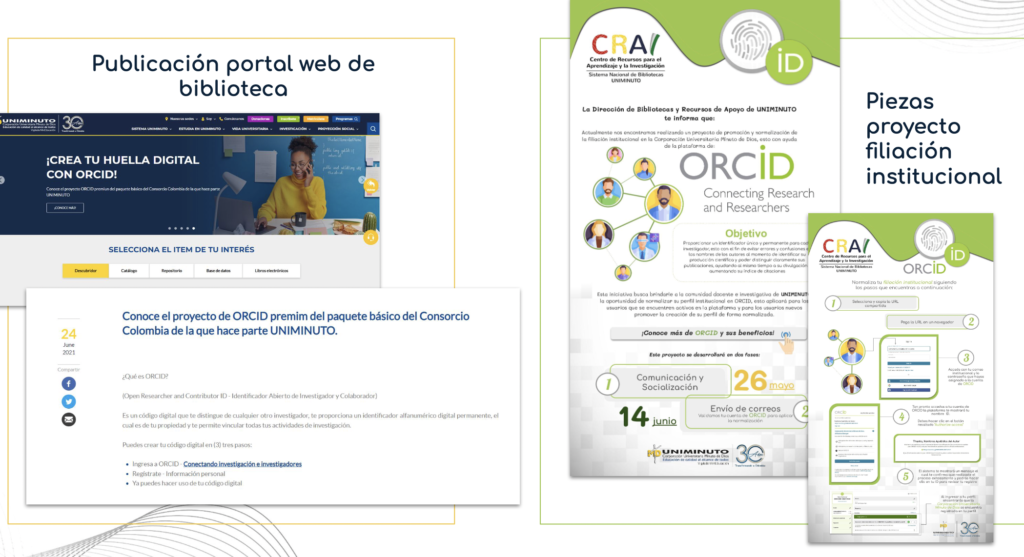 Examples of an infographic that UNIMINUTO used to educate the researchers about why they should allow affiliation data on their ORCID records. The graphics show ORCID's lime green brand color and logo, with bubbles of text. It is not detailed but rather gives an impression. It is also in Spanish. 
