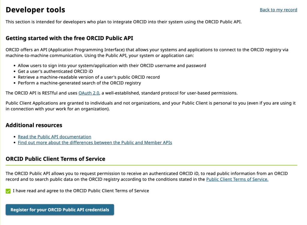 Obrázek registrační stránky pro veřejného klienta API