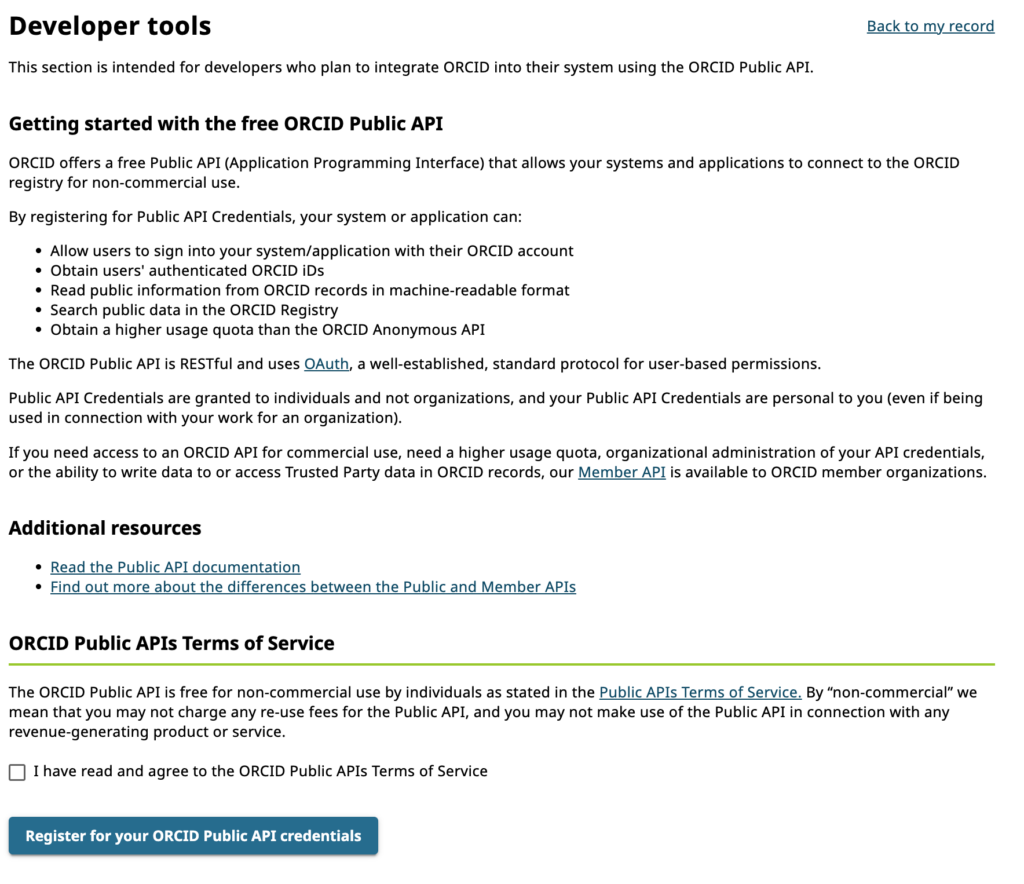Screenshot of developer tools page