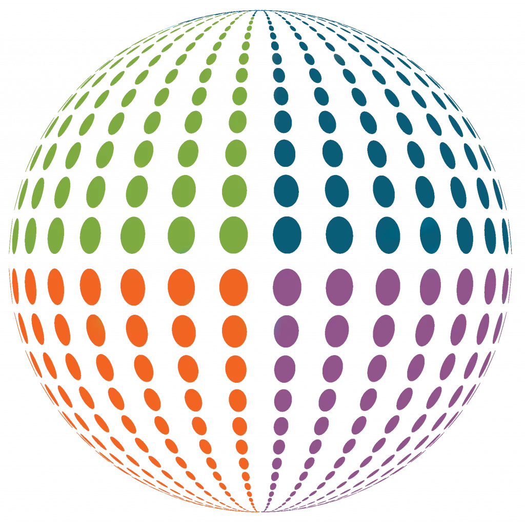 Globo representado por un círculo con puntos verdes, azules, naranjas y morados en cuatro cuadrantes.