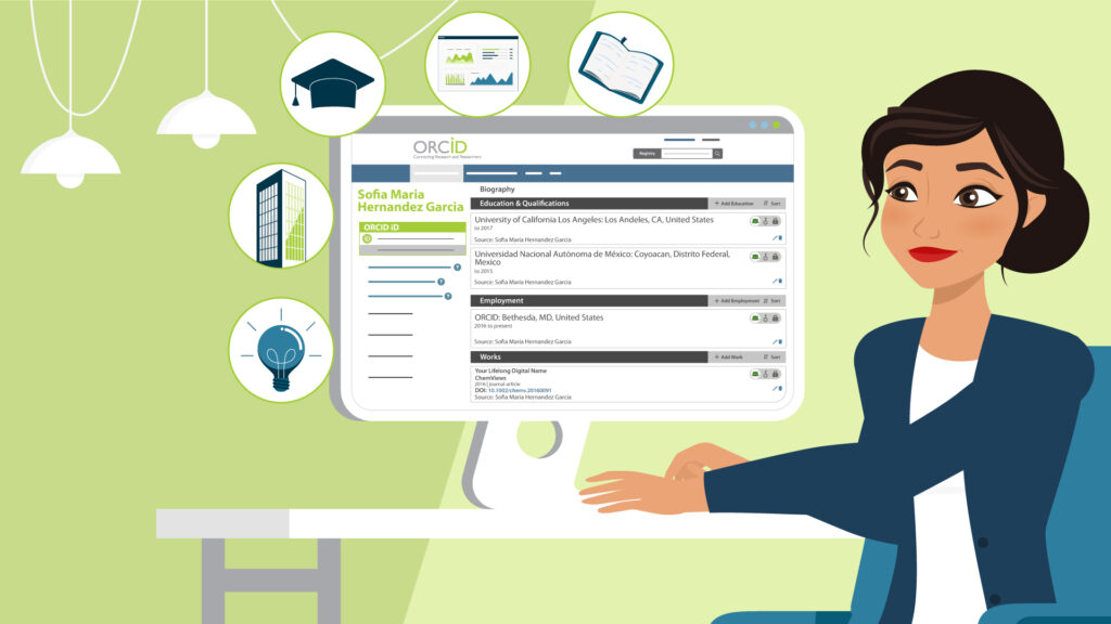 ORCID graphic illustration with a female researcher looking at her ORCID record on a computer. Bubbles surround the computer screen: Light bulb, building tower, gradation cap, data, and an open book. Light green background.