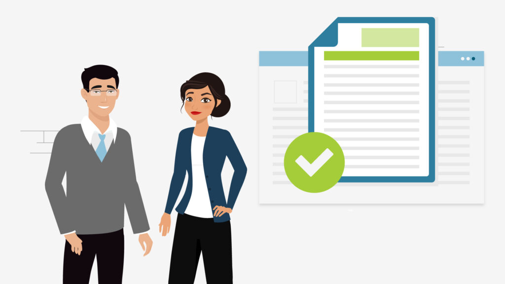 Cartoon graphic of man and woman standing in front of a lined paper icon and a check mark