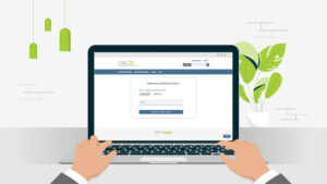 ORCID branded graphic of a laptop with hands working on an ORCID record.