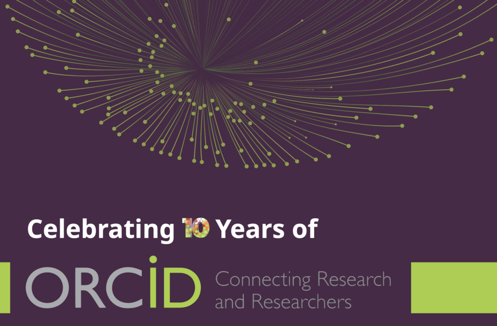 抽象的なパターンに緑の線と点がある紫のグラフィック。 テキストは 10 周年を祝う ORCiD 研究者と研究者をつなぐ