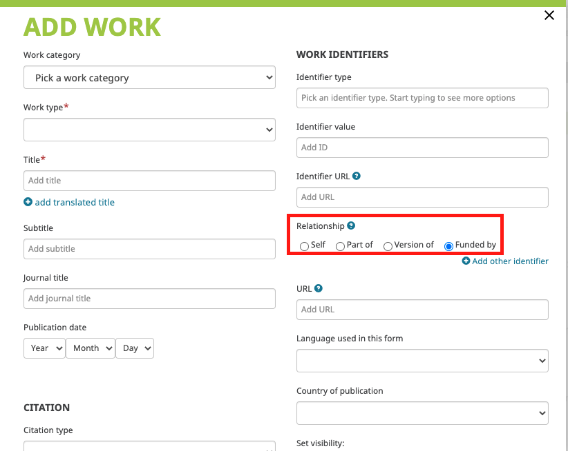 image of an ORCID record add work modal with highlighted box showing relationship: Self, Partof, Version of, Funded By