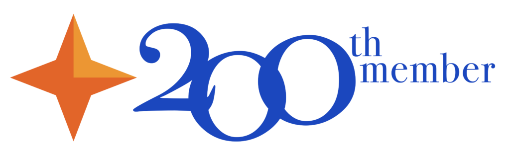 Logotipo especial de Lyrasis com estrela laranja de quatro pontas à esquerda, ao lado de um grande texto azul que diz 200º membro