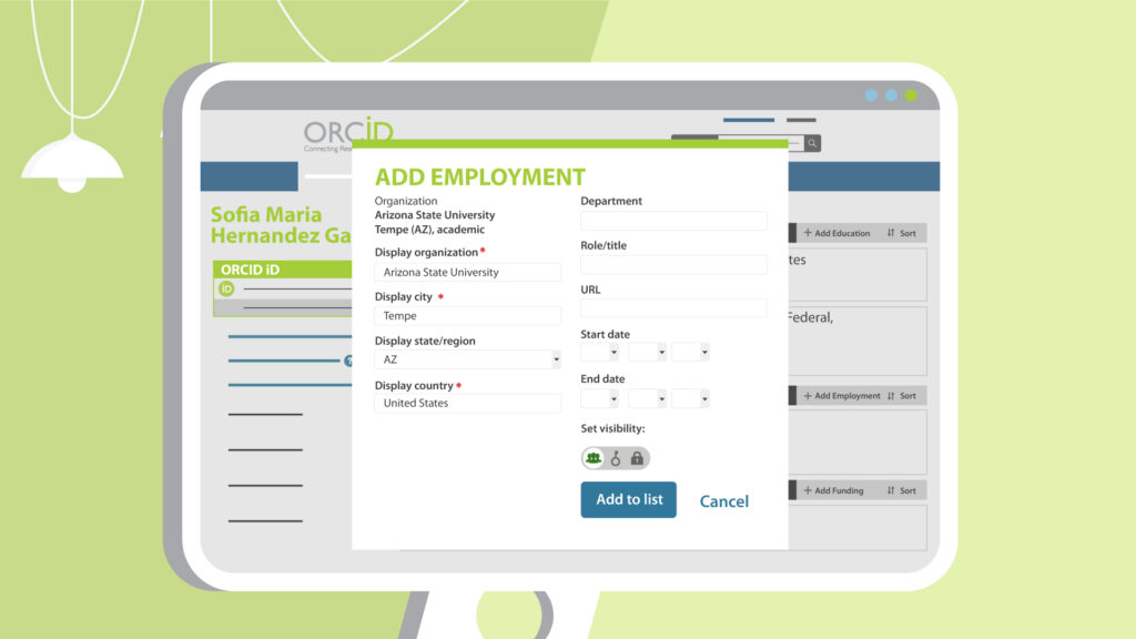 ORCID branded graphic illustration of an ORCID record in the Add Employment section. 