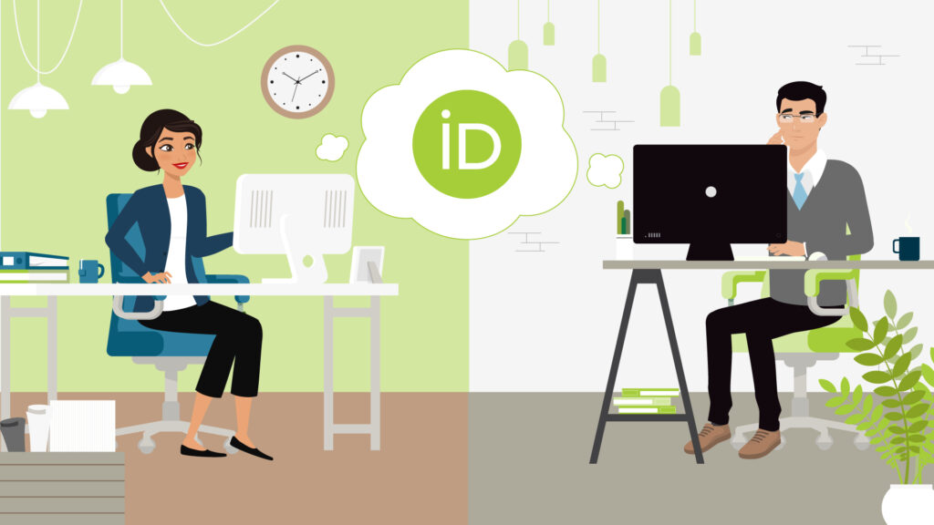ORCID branded graphic with two people at their computers and an ORCID icon in a bubble between them. 