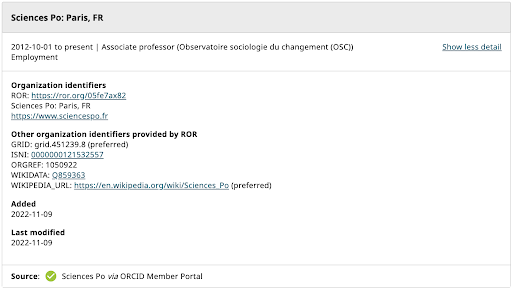 Screenshot di an ORCID il record che mostra che la fonte dei dati di affiliazione è Sciences Po tramite ORCID Portale dei membri. Didascalia: esempio di una voce di affiliazione aggiunta da Sciences Po utilizzando il file Affiliation Manager. Fonte: https://orcid.org / 0000-0003-3077-8895