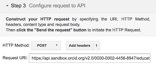 次の情報を示す Google Developers OAuth 2 プレイグラウンドのスクリーンショット: ステップ 3 API へのリクエストを構成する URI、HTTP メソッド、ヘッダー、コンテンツ タイプ、リクエスト本文を指定して HTTP リクエストを構築します。 次に、[リクエストを送信] ボタンをクリックして HTTP リクエストを開始します。 HTTP メソッド: POST ヘッダーの追加