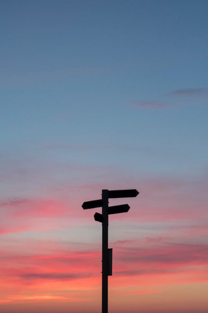 A sign post at sunset with arrows pointing different directions representing our accessibility journey. 