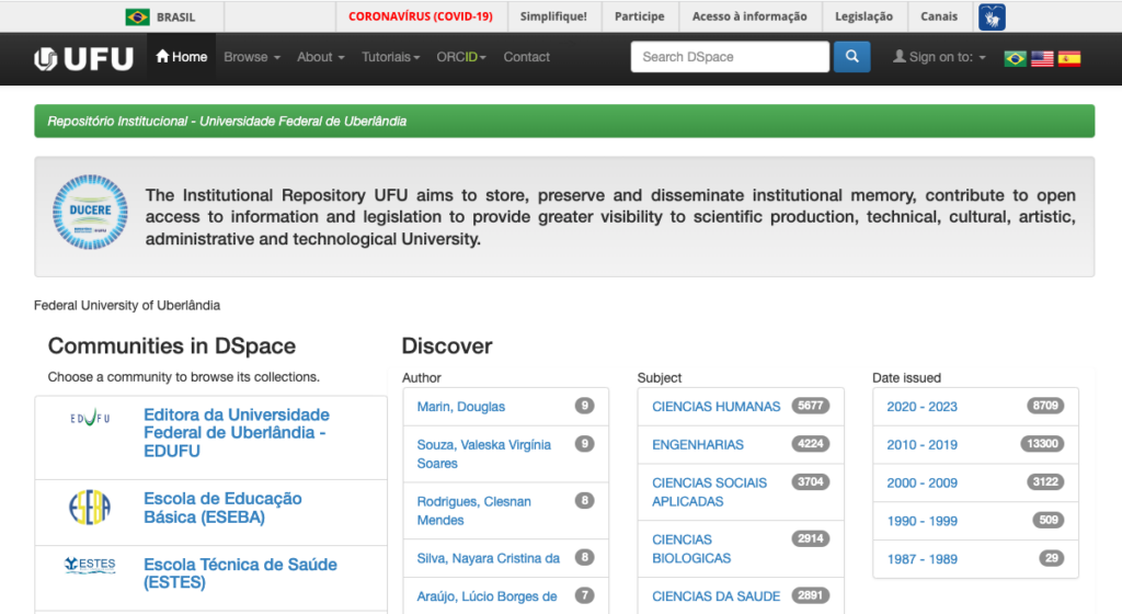 Interface du référentiel institutionnel avec ORCID informations disponibles dans le menu supérieur.