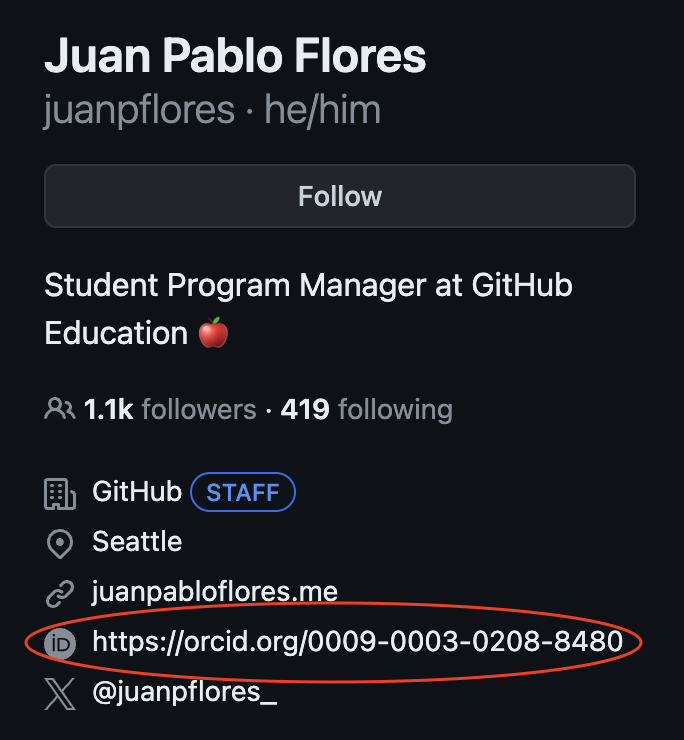 Zrzut ekranu profilu Juana Pabla Floresa w serwisie GitHub, na którym widać plik ORCID ID.